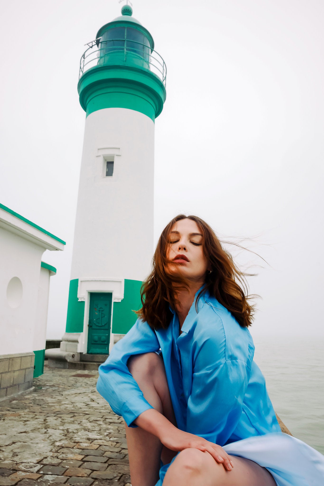 Chemise droite fluide en soie bleue